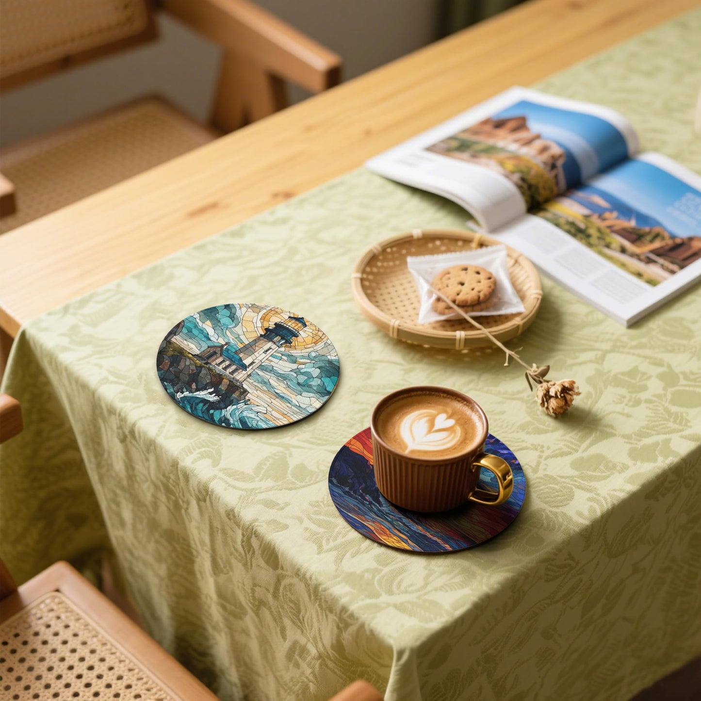 Lighthouse Coasters Leather Round Drink Coasters 6 Pcs Set with Holderor for Cup Drink Coffee Table Bar Home Decor