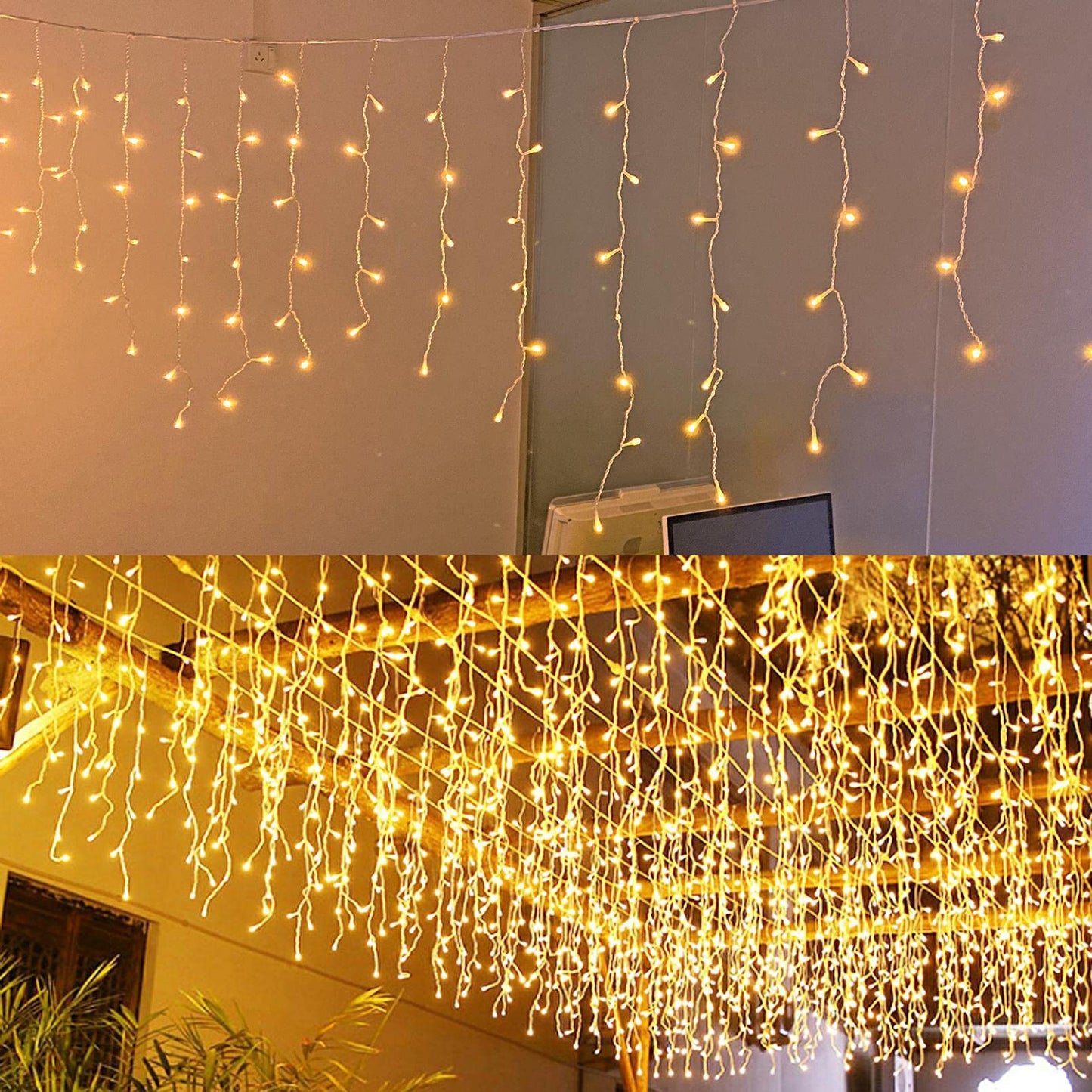 JAMISAY LED Icicle Lights, 8 Modes, 13FT 96 LEDs Christmas Short Curtain Fairy Hanging Ceiling Extendable Lights for Wedding Balcony Doorway Outdoor Indoor Decoration Warm White, 4M