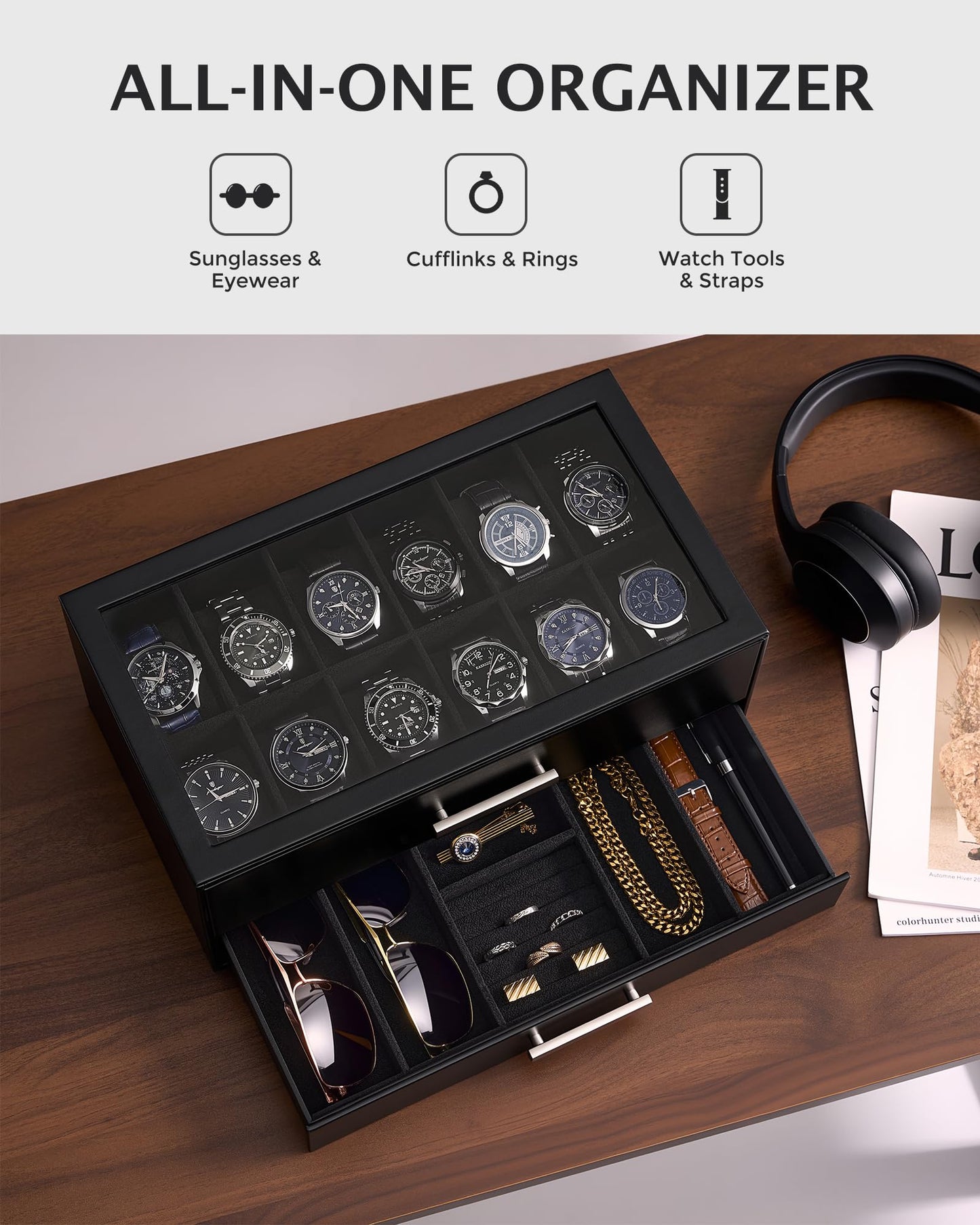 ProCase Black 12 Slot Watch Box and Black 3-Slot Watch Travel Case Bundle, 2-Tier Pull-Out Drawer Organizer, Clear Top Display Lid, Jewelry and Sunglasses Storage, Portable PU Leather Watch Holder