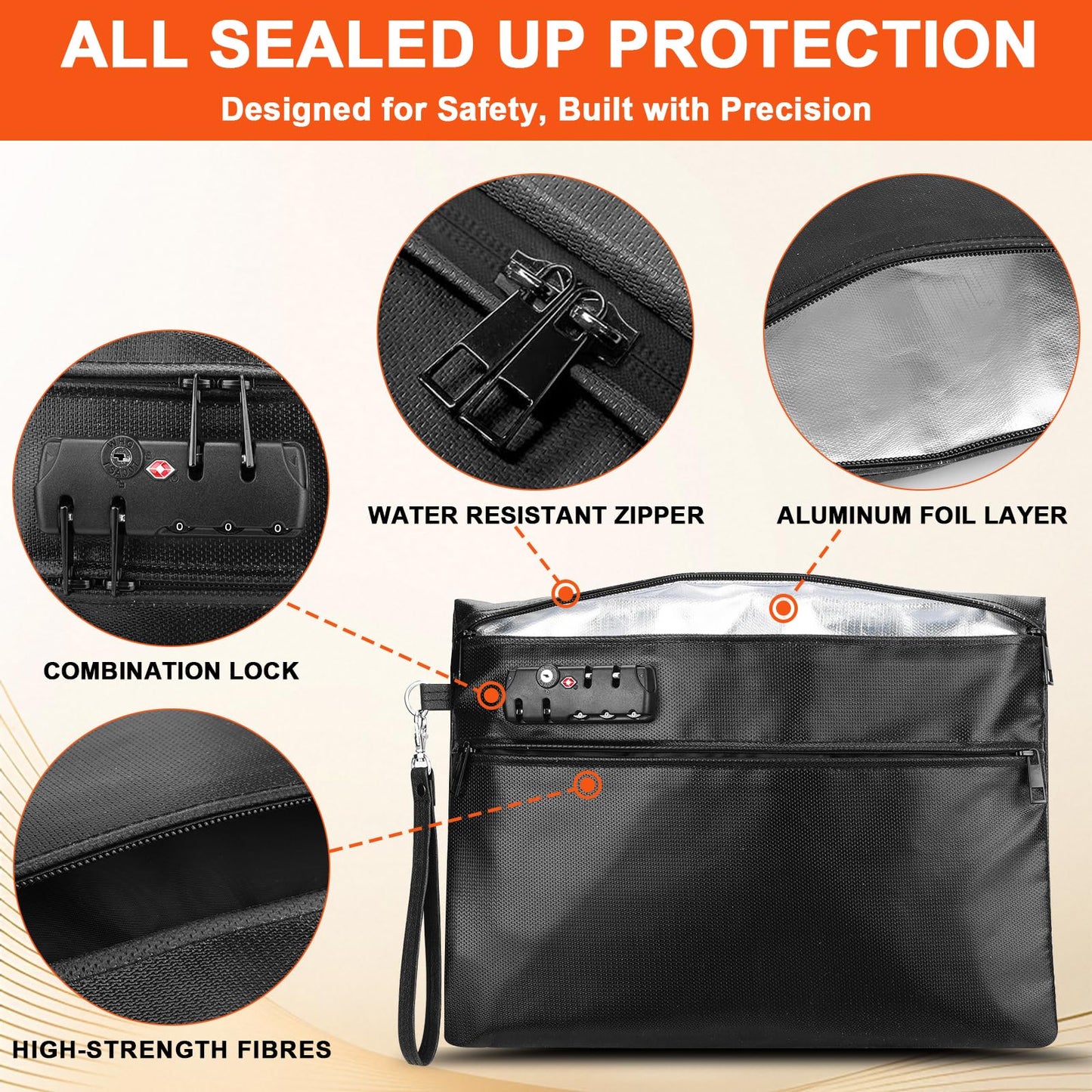 6400°F Fireproof Document Bag with Combination Lock - Heat Resistant Money Bag for Cash, Passports, Deeds, Phones, Waterproof Fire Proof Bag (Black)