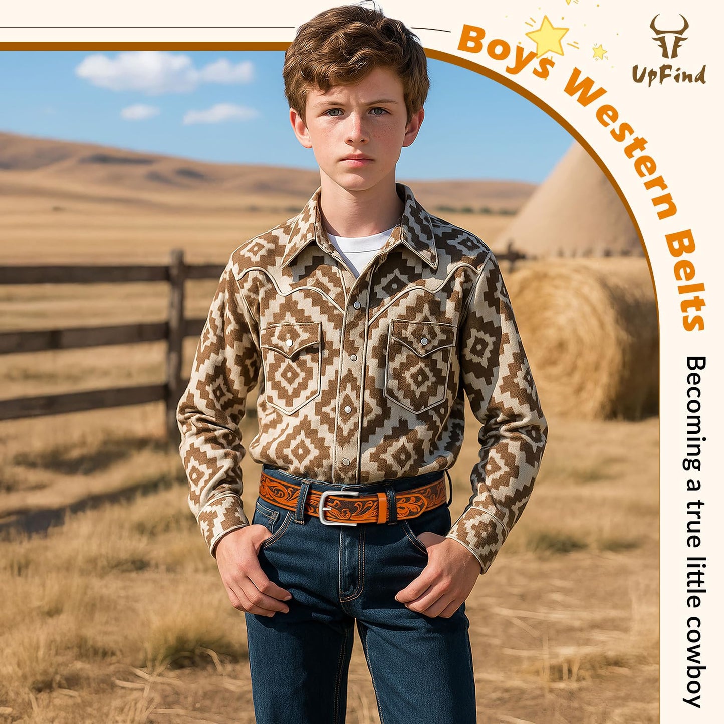 UpFind Boys Western Leather Belt Engraved Kids Cowboy Belt with Pin Buckle for Jeans Pant School Uniform Dress Up, 1.5" Wide