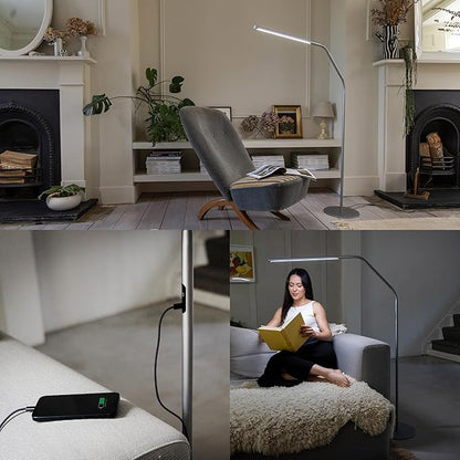 daylight Slimline 4 LED Floor Lamp - 6,000K, 3,200 Lux, 4 Brightness Levels, USB-C Port for Fast Charging - Sleek Design, Anti-Glare Shade, Flexible Height Adjustment - Ice Grey