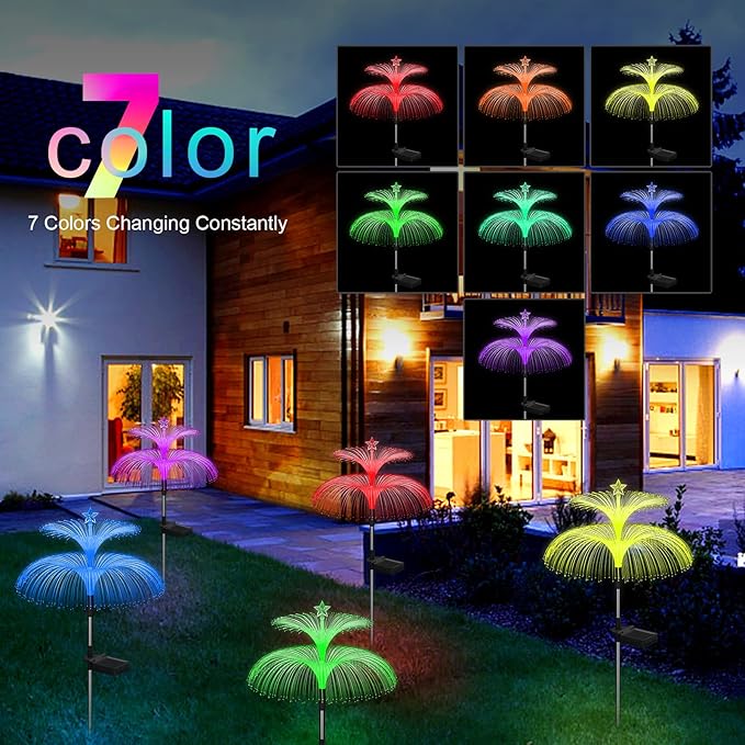 Solar Garden Lights 3 Pack New Upgraded Solar Lights Outdoor Waterproof 7 Color Changing Double Jellyfish and Star Flower Garden Decor Yard Lawn Christmas Outdoor,Gifts for Mother's Day Women