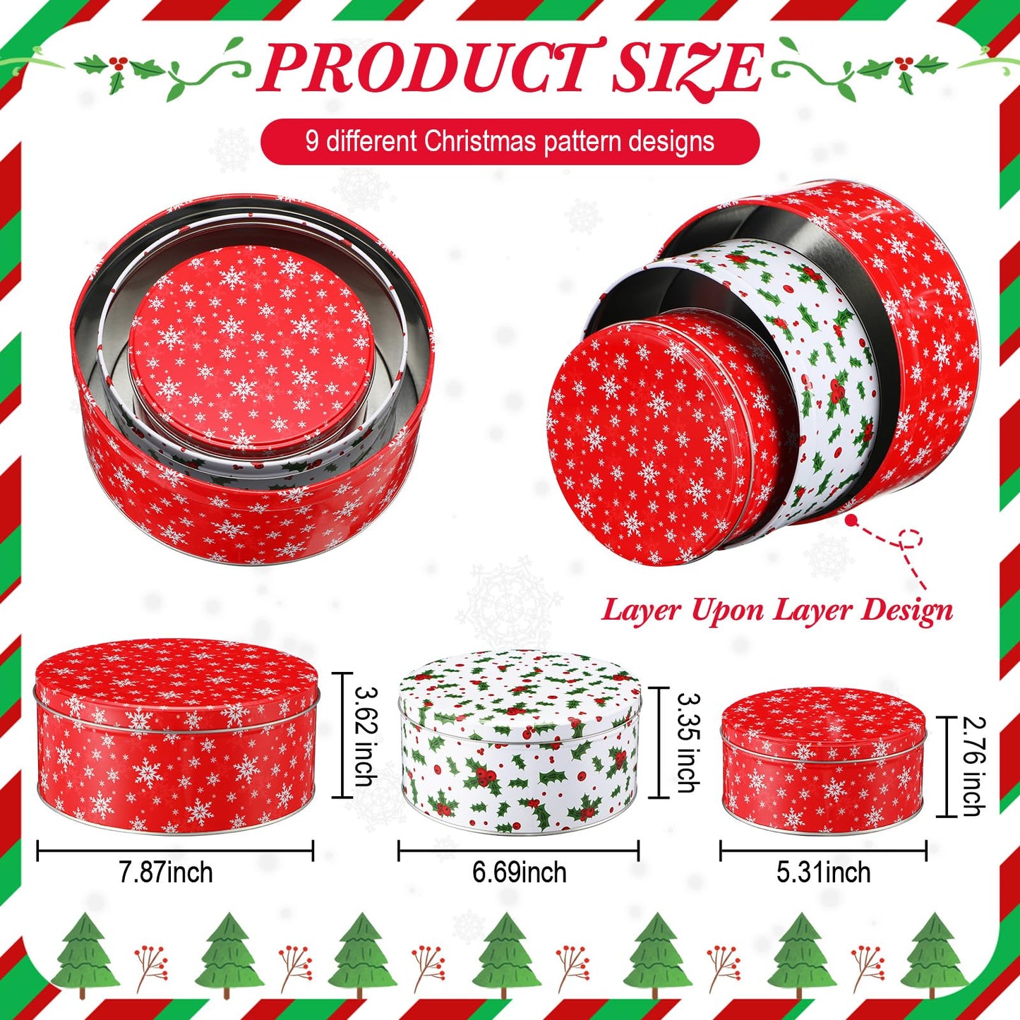 Yaomiao 9 Pcs Christmas Cookie Tins Set 3 Sizes Decorative Cookie Boxes Christmas Tins with Lids Holiday Treats Round Metal Nesting Containers Candy Biscuits Treat Boxes(Snowflakes, Red Berries)