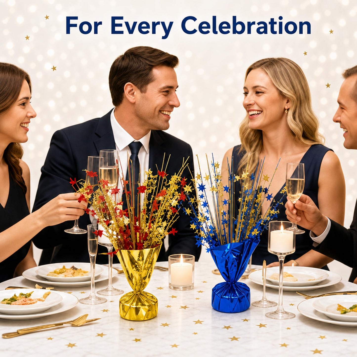 WMYQZXDF 6 Pack Metallic Foil Burst Star Table Decor, Blue & Gold Glitter Spray Centerpieces Scatter for Graduation,Birthday Party - Sparkling Tabletop Filler for Dessert Table or Holiday Celebration