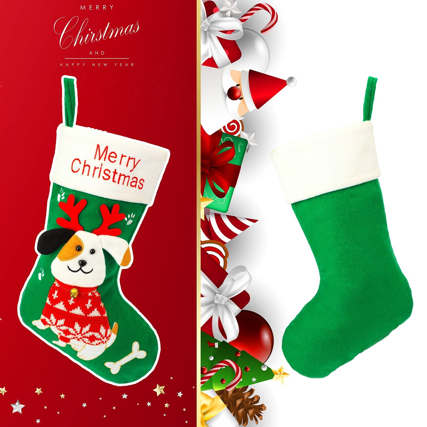 Hopearl 16'' Dog Christmas Stocking 3D Pet Holder Puppy Ornament Gifts Bags for Pets Decoration Holiday Party Supply Seasonal Ornament, Green