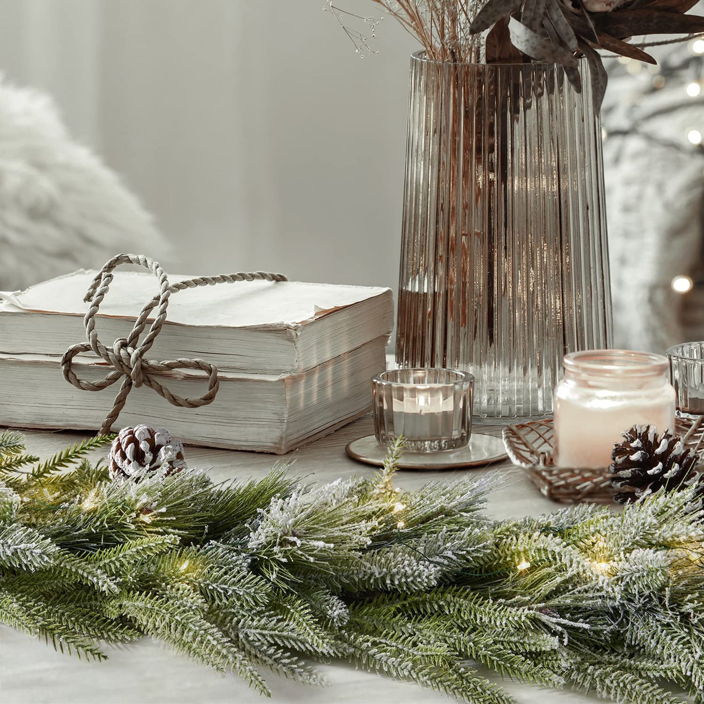 LampLust Winter Garland with Lights Battery Operated, 6 Ft Lighted Garland, Frosted Garland with Pine Branches & Faux Snow, 100 LED Lights with Timer, Winter Garland for Mantle All Year Round