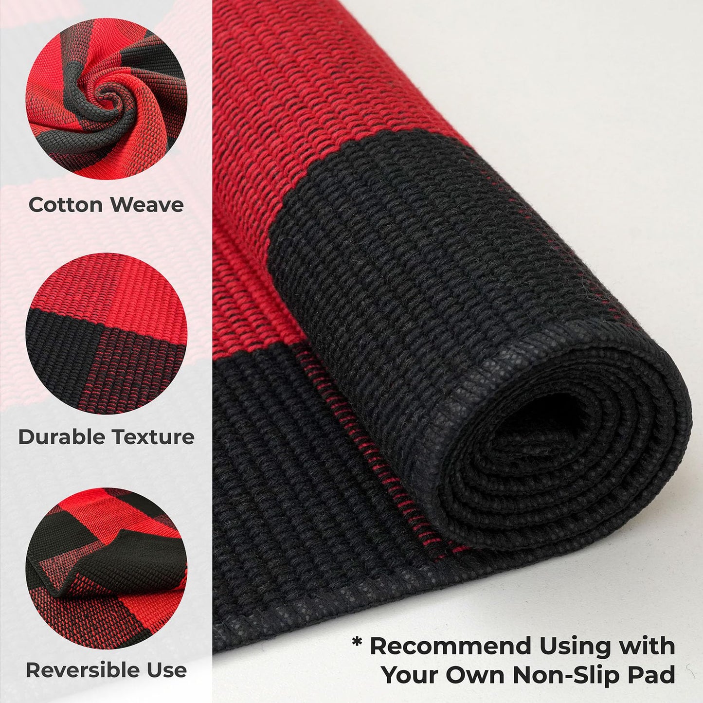 KOZYFLY Buffalo Plaid Rug 27.5x43 Inches Red and Black Checkered Rug Christmas Halloween Fall Door Mat Woven Cotton Washable Area Rugs Door Mat Outdoor Entrance for Front Porch Entryway