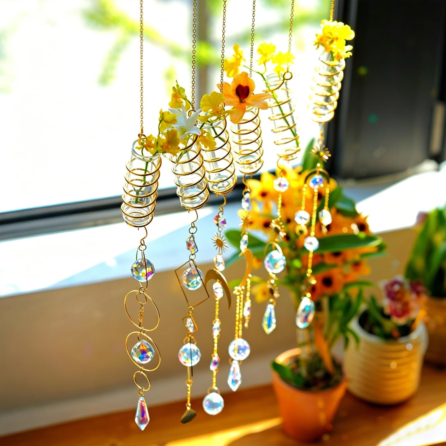 HDCRYSTALGIFTS 3pcs Crystal Suncatchers with Plant Propagation Tubes for Window Wall Hanging, Mini Flower Vase Glass Planter Stations for Hydroponics Home Garden Office Decoration Plant Lover Gift