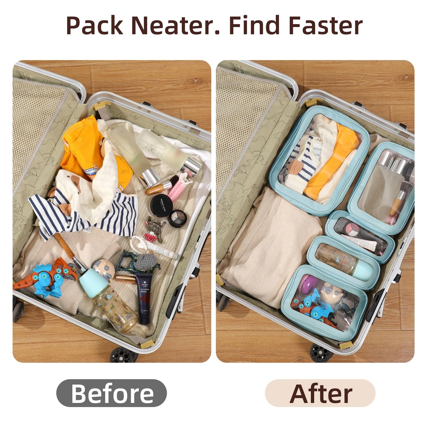 5PCS Diaper Bag Organizer Pouch Set, Clear Organizer Bags, TSA Approved Toiletry Bag, Clear Waterproof Cosmetic Bags with Zipper, Purse Organizer Pouches, Travel Organizer Bags for Woman and Kids Blue