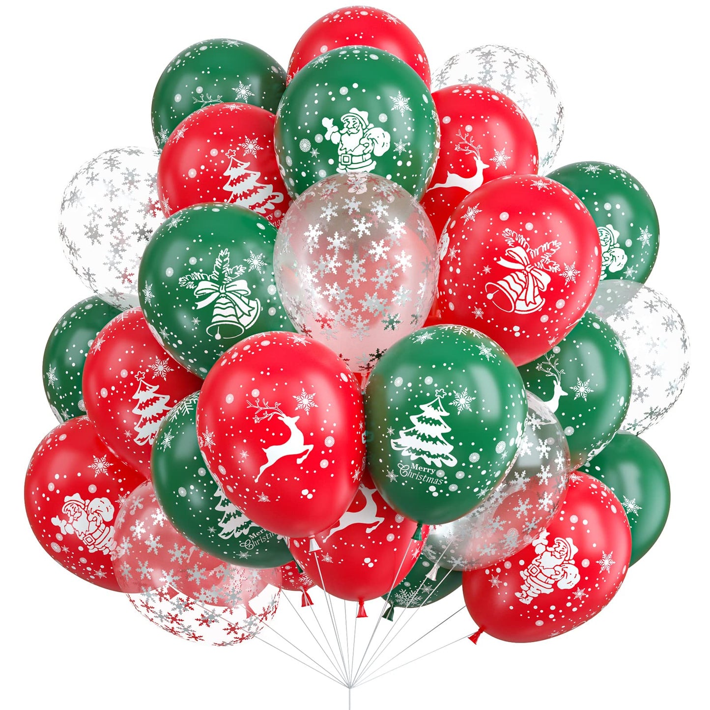 50pcs Red Green Latex Balloons with Christmas Bell Elk Tree Printing Snowflake Confetti for Christmas Party Decorations New Year Holiday Xmas Supplies