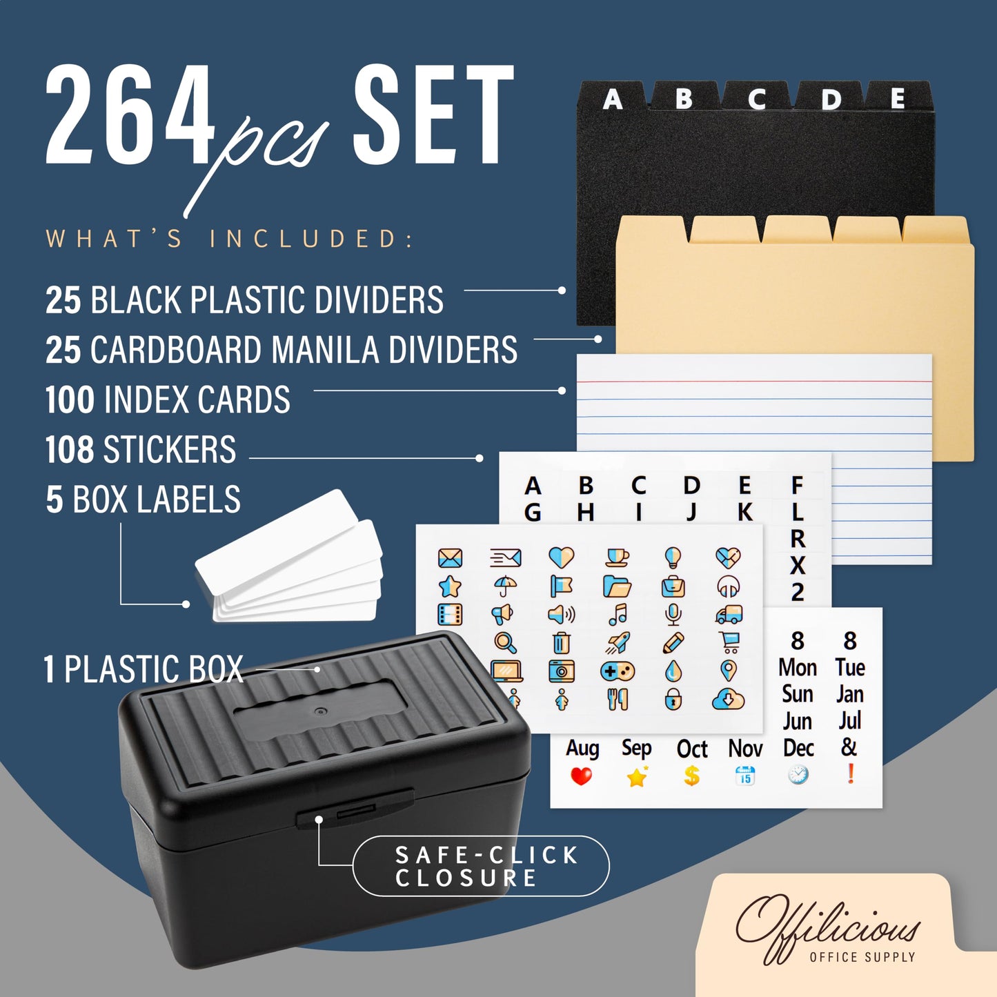 OFFILICIOUS Black Index Card Holder 4x6 - Index Card Box With Index Dividers, Ruled Cards & Stickers - Recipe & Flash Card Holder Box Organizer