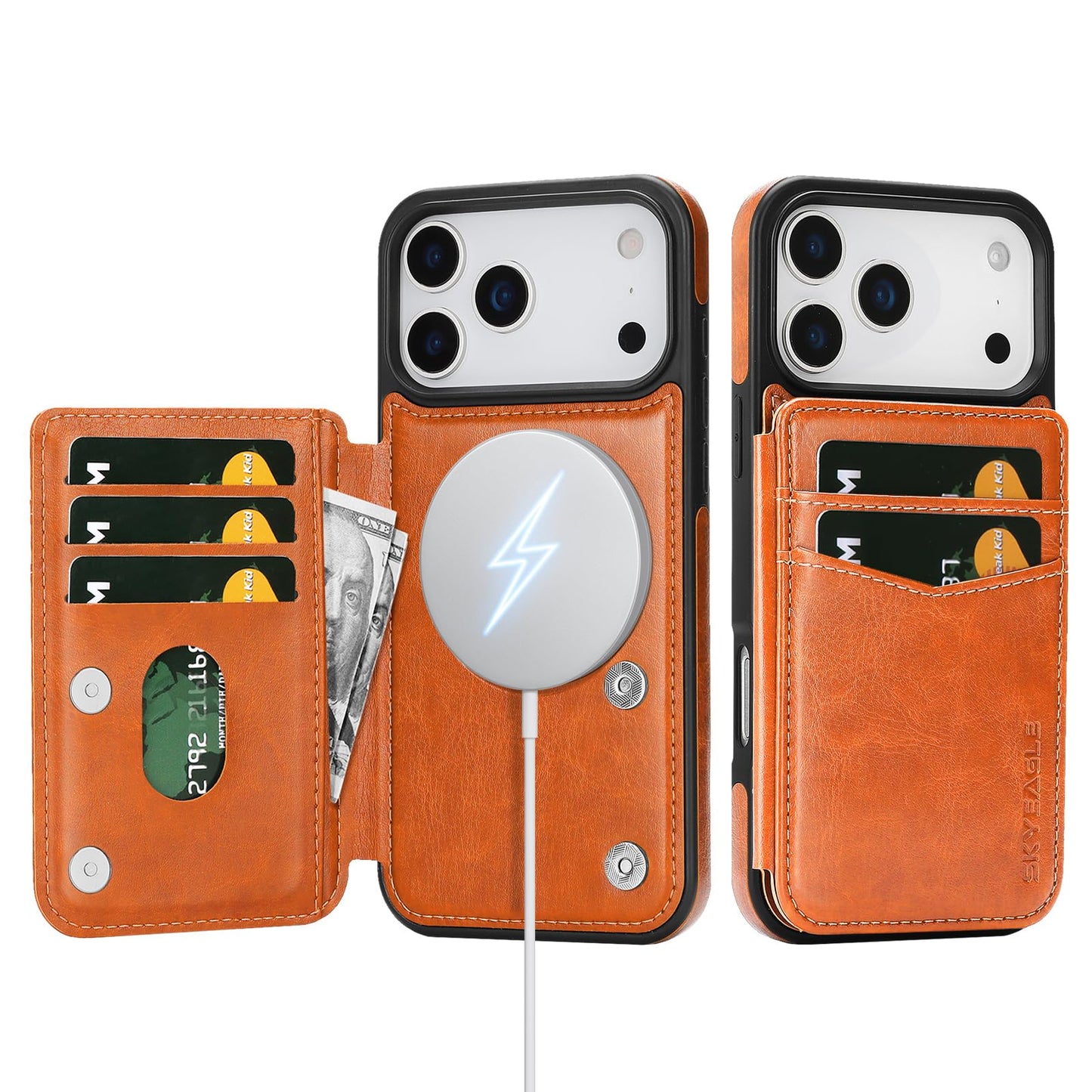 SkyEagle Compatible with Magsafe for iPhone 17 Pro Wallet Case with Card Holder,Women Men Phone Case PU Leather Kickstand Flip Protective Cover Credit Card Slots,for Apple 17 Pro,Orange