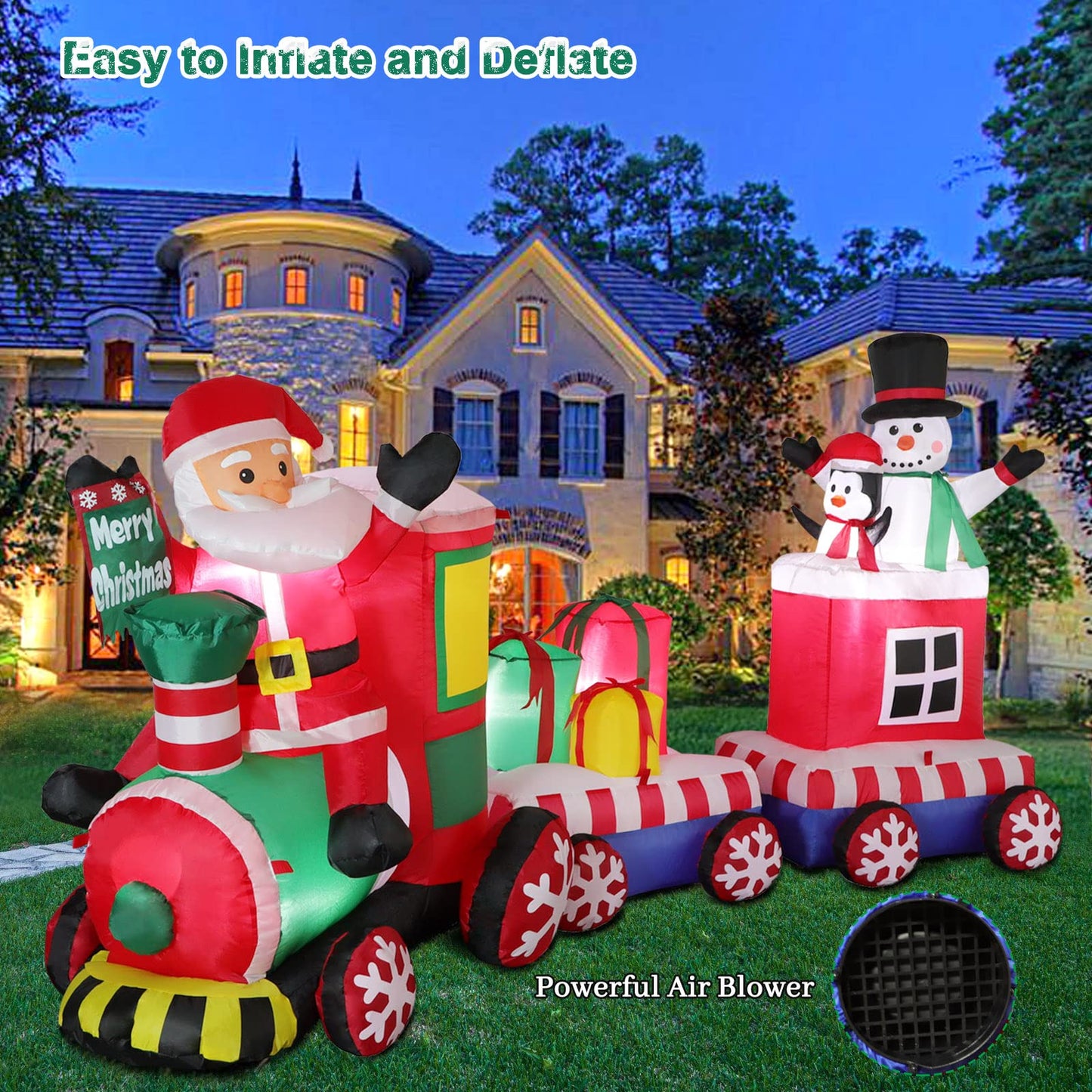 8 FT Christmas Inflatable Train with Santa Claus, Snowman, Penguin, Gift Boxes, Blow Up Yard Decorations with Built-in Lights, Lovely Xmas Train Carriage for Holiday Display Lawn Garden Party Decor