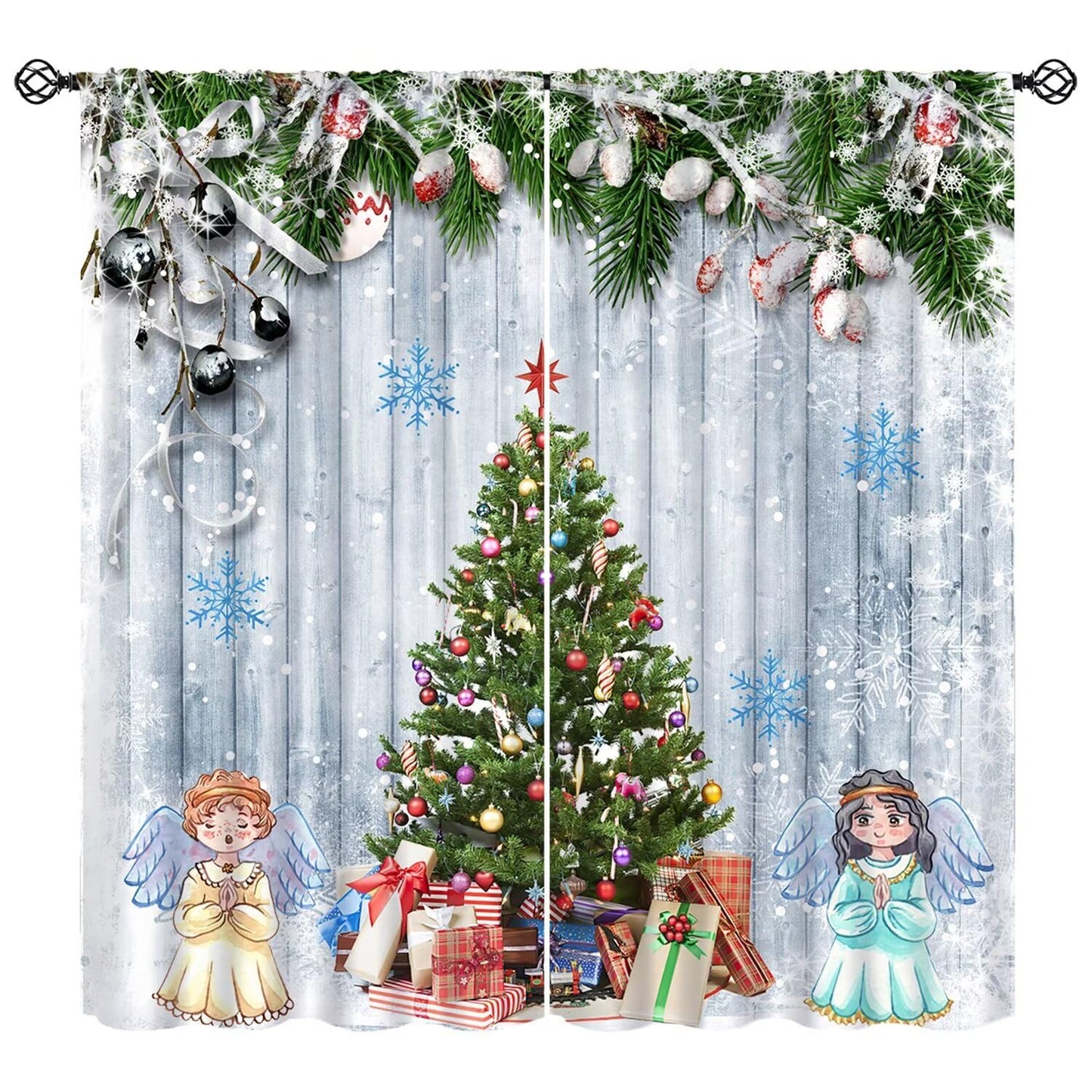 FengMingRui Kids Christmas Curtain for Bedroom Angel Pine Tree Christmas Tree Pine Leaves Winter Holiday Christmas Decor Window Drapes 52" W X 84" L
