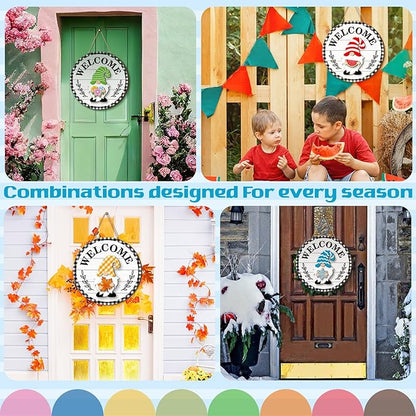 Qunclay Interchangeable Wooden Gnome Decor Holiday Seasonal Gnome Decorations with Magnet Pieces and Detachable Hats Changeable Welcome Sign for Home(Vivid Style)