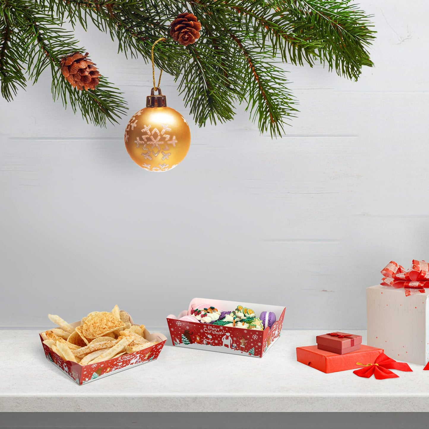 Cunhill 60 Pack Christmas Paper Trays Christmas Movie Night Snack Trays Disposable Party Plates Food Serving Boats for Cookie Snack Movie Night Party Supplies
