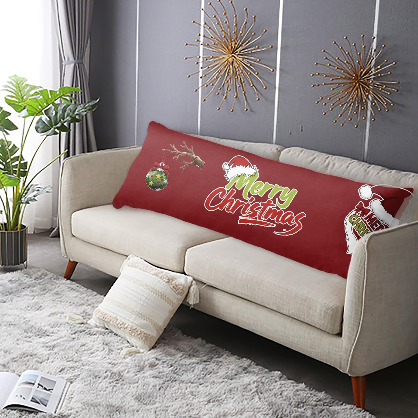 Cuteiush Christmas Body Pillowcase Xmas Holiday Red Large Body Pillowcovers Winter Sofa Home Decoration Cushion Pillow Protector 20x54inch
