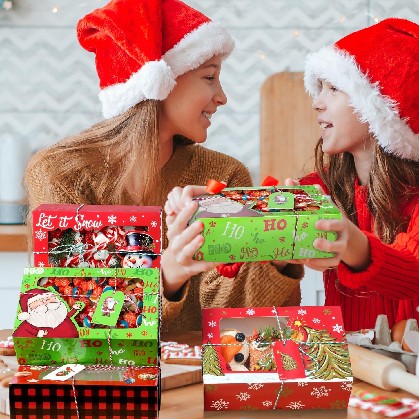 24 Pcs Christmas Cookie Boxes 8.7"x 6"x 2.7" Christmas Bakery Treat Box With Window Tag and Ribbons Goodie Candy Cookie Containers Kraft Paper Cookie Tins for Winter Holiday Xmas Party Gift Giving