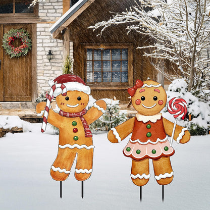 Christmas Decorations Outdoor, 2Pcs Gingerbread Man Metal Yard Signs with Stakes, Xmas Winter Signs for Garden House Lawn Pathway Patio Outside