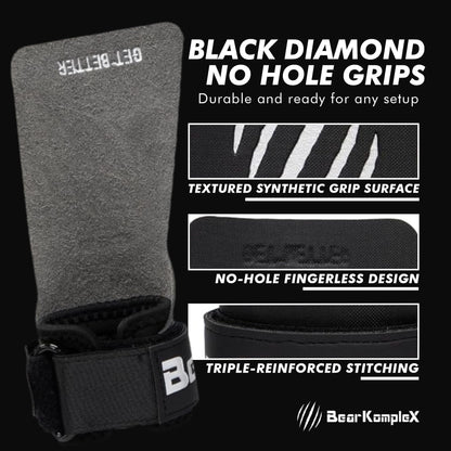 Bear KompleX - Cross Training Hand Grips for Weight Lifting, Gymnastics, and Pull Ups - Lightweight and High Performance Powerlifting Grips for Men and Women - No Hole Design, Black Diamond