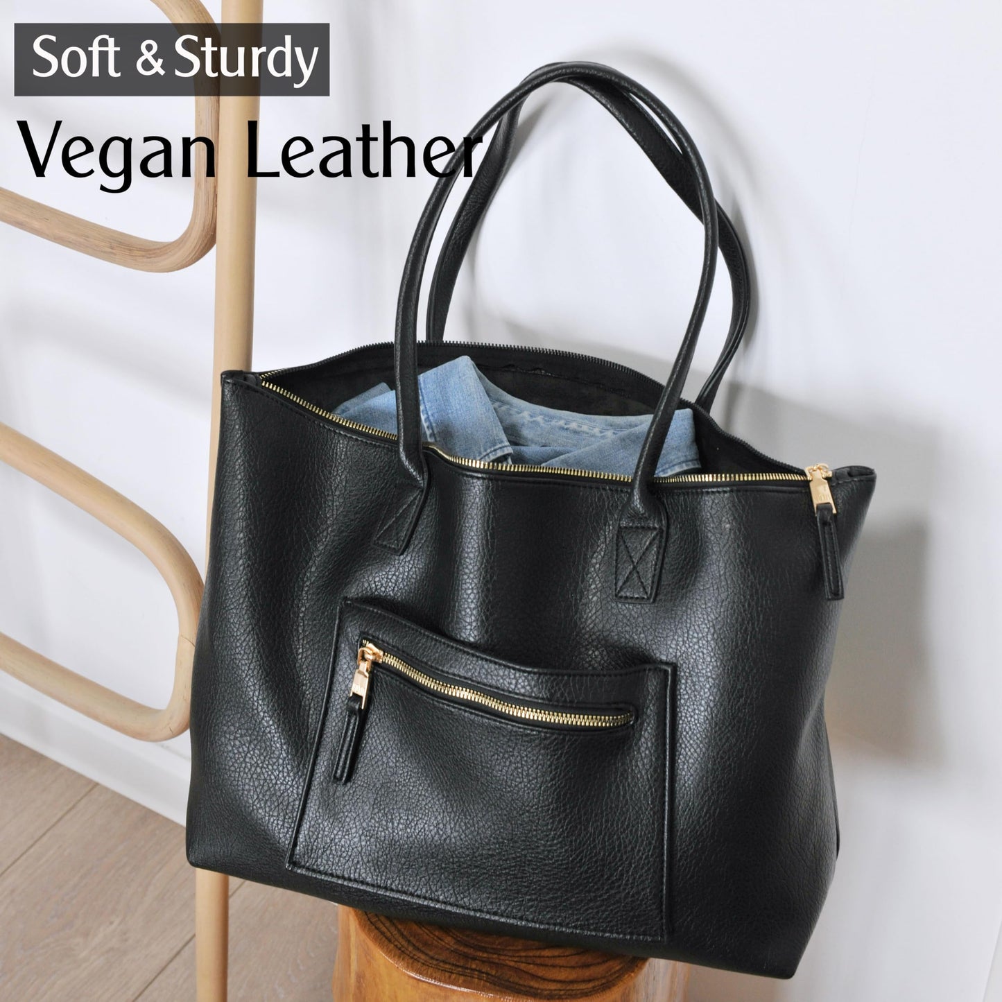 Tote Bag for Women with Zipper Vegan Leather Handbag with Trolley Sleeve Travel Weekender Carryall Bag (Black)