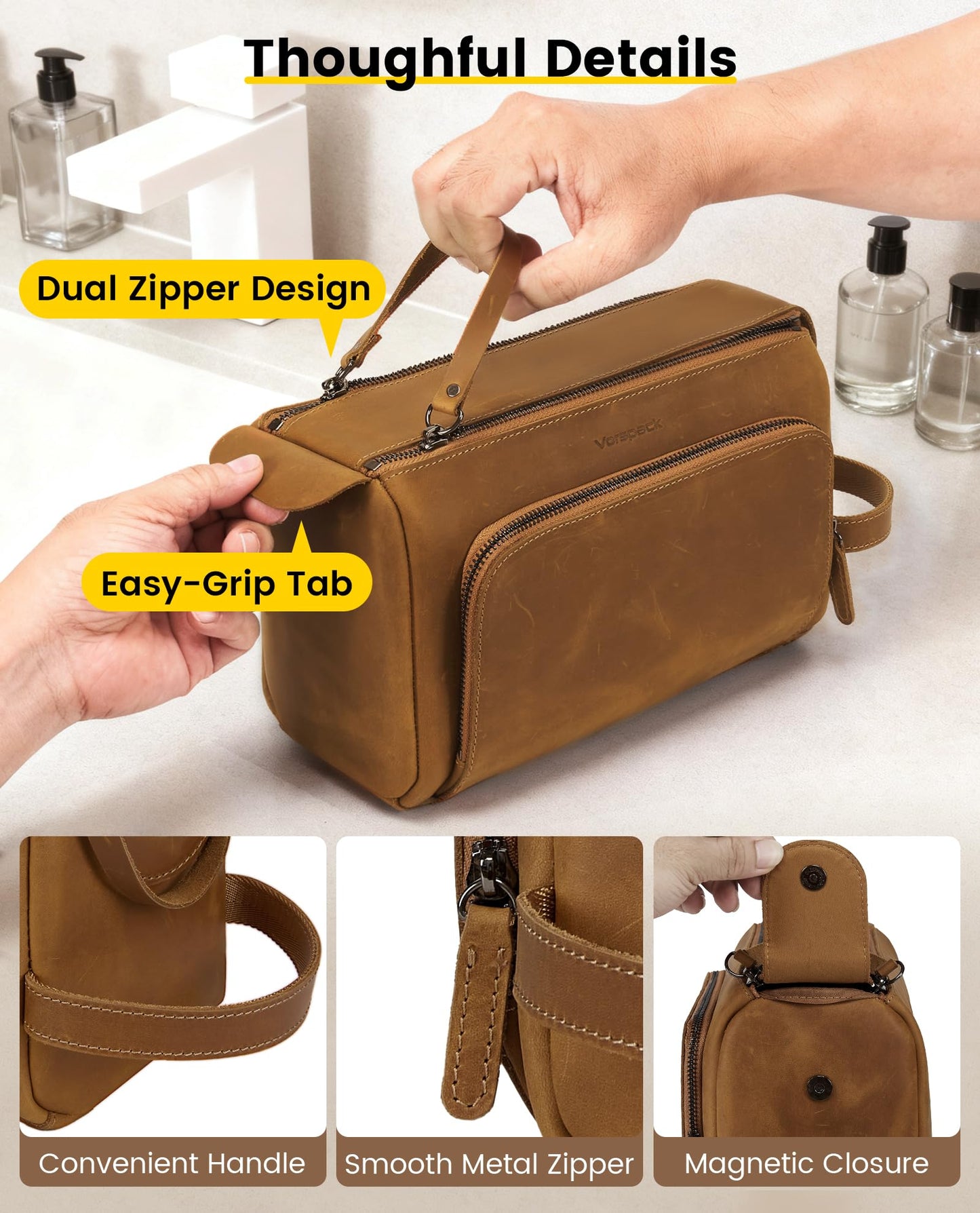 Vorspack Genuine Leather Toiletry Bag for Men - Water Resistant Travel Bag for Toiletries, Essentials, Accessories - Light Brown