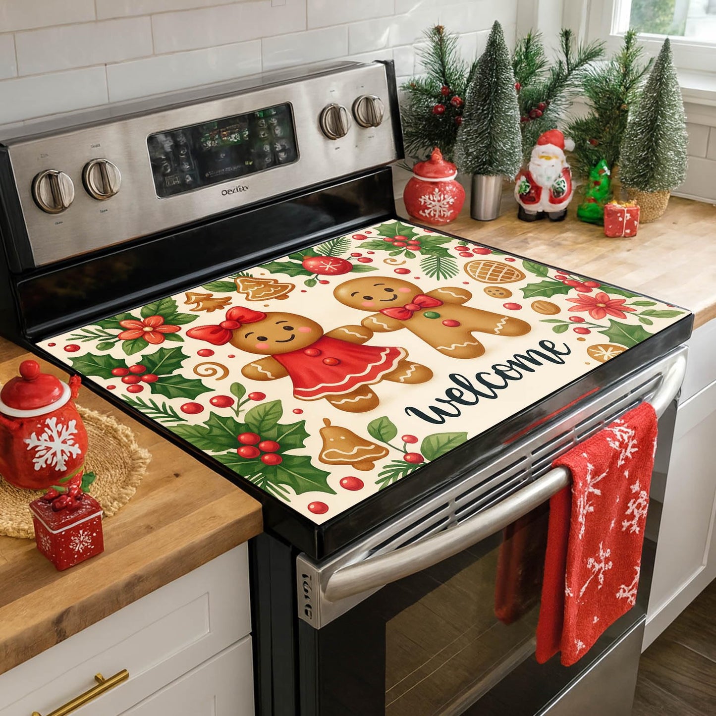 HOMETITUTE Stove Top Covers for Electric Glass Stove 28x20 Inches Christmas Gingerbread Couple Design Heat Resistant Cooktop Protector Cover Glass Stovetop Cover for Kitchen Countertops and Sinks
