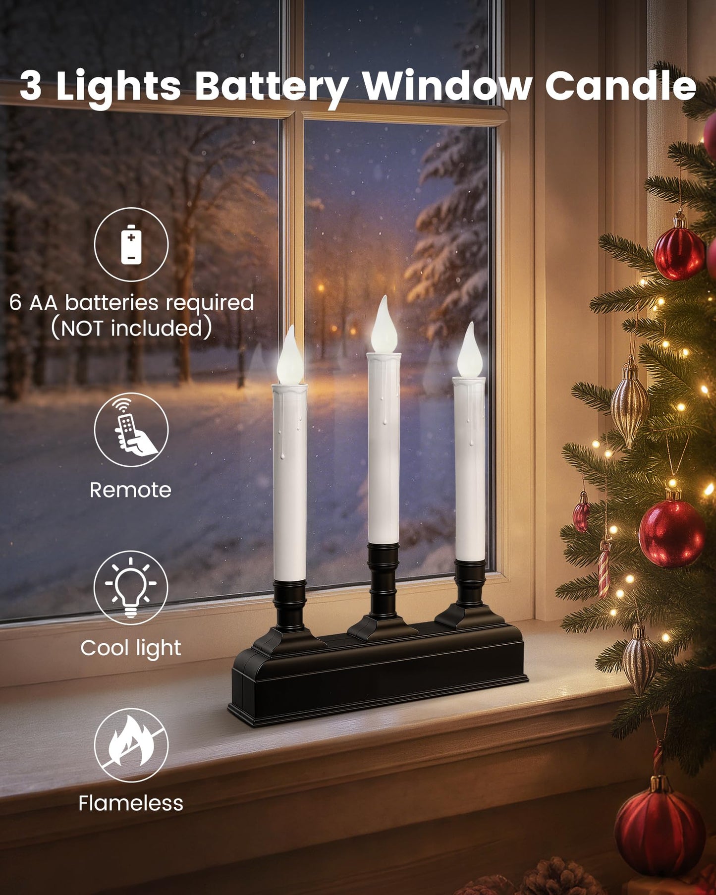 SURAIELEC Christmas Battery Window Candles with remote, 3-Light Candolier Window Candle, Flameless 5000K LED Candles, 1.9" Narrow Base, Chritmas Window Candle for Window, Mantel, Dinning Table, 1-Pack