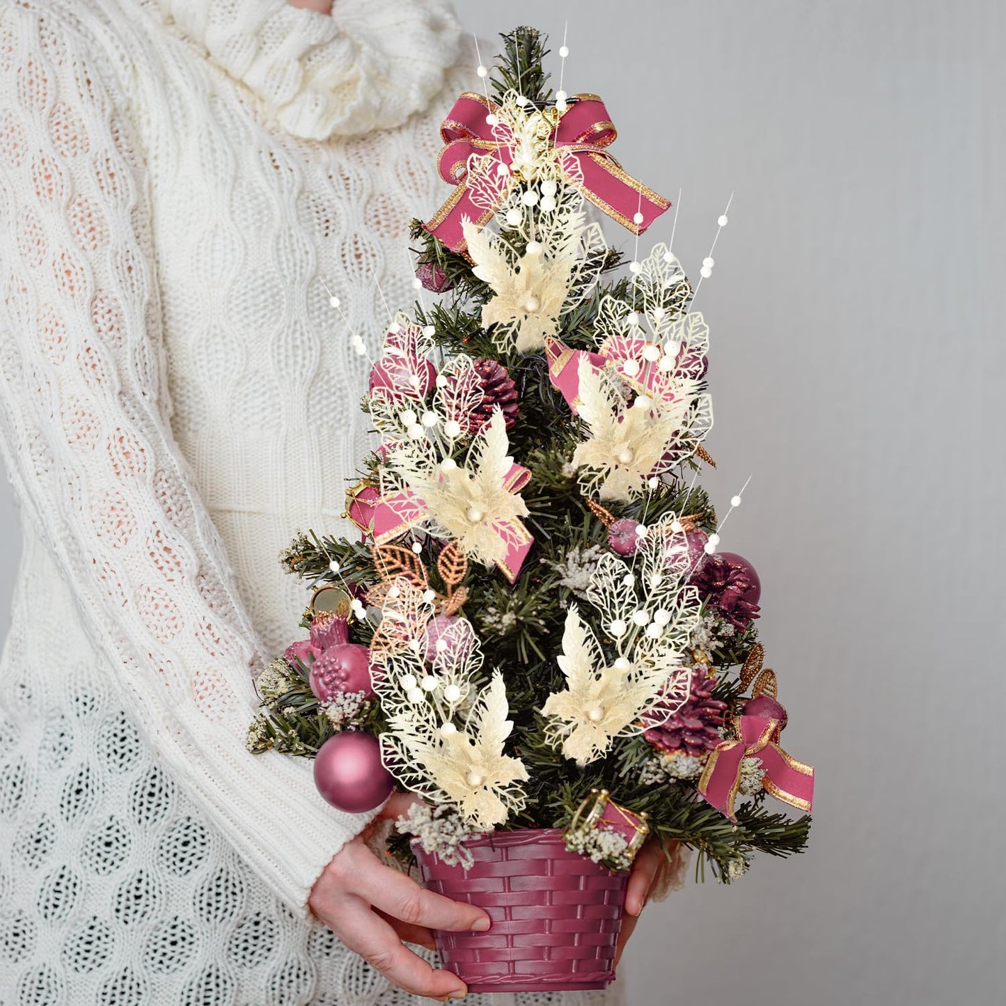 12 Pcs 16.3 Inch Christmas Tree Picks for Christmas Decoration Tree Glitters Christmas Picks Sprays with Flowers Berry Leaves Christmas Glitter Berries Stems for Xmas Tree Ornaments(White)