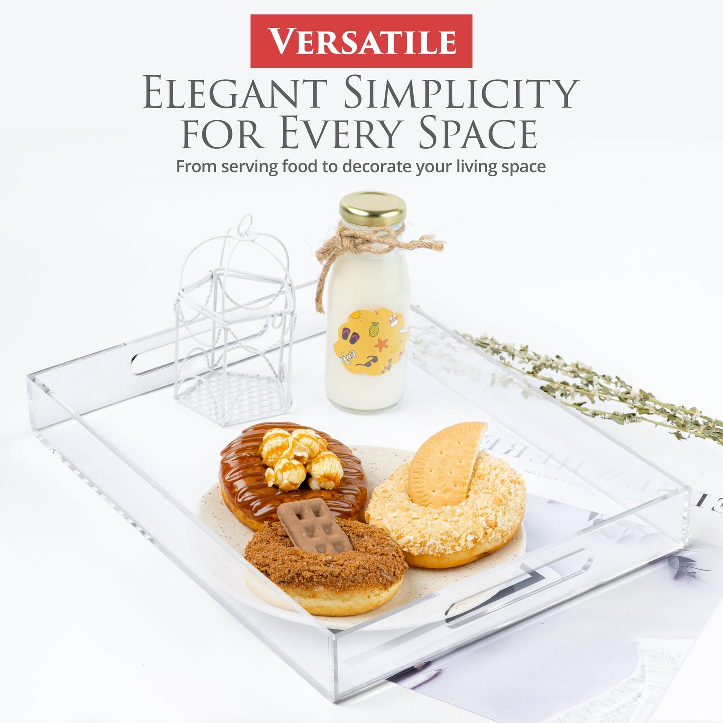 Acrylic Tray 16x12 with Cut Handles - Spill Proof Decorative Tray is an Ideal Countertop Organizer for Living Rooms, Ottoman Coffee Tables, Offices, Kitchens & Serving Guests