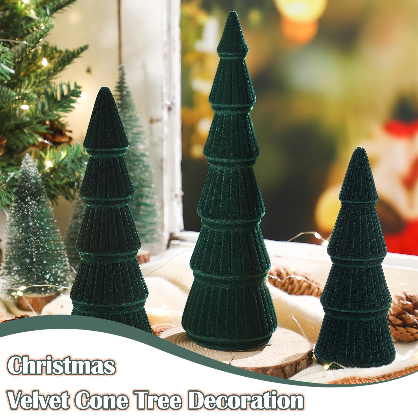 Bucherry 3 PCS Velvet Christmas Tree Figurines Decoration - 8" 10" 14" Modern Cone Christmas Tabletop Home Rustic Centerpiece Set for Winter Holiday Mantel Entryway Party Decor(Green)