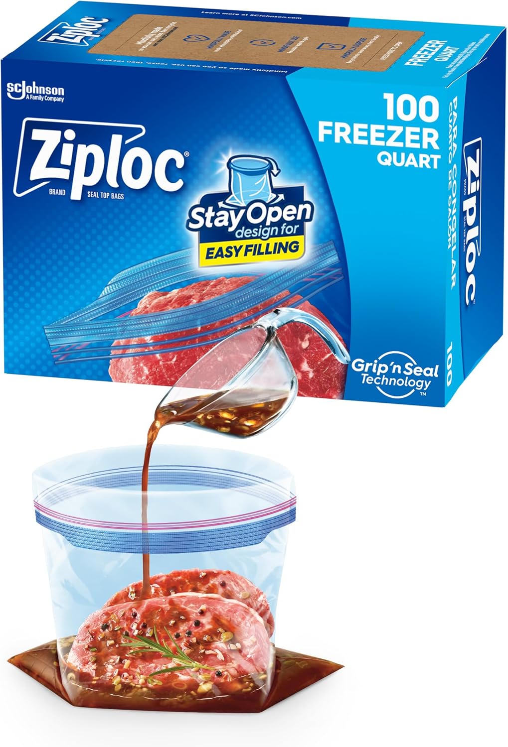 Ziploc Quart Food Storage Freezer Bags, Stay Open Design with Stand-Up Bottom, Easy to Fill, 100 Count
