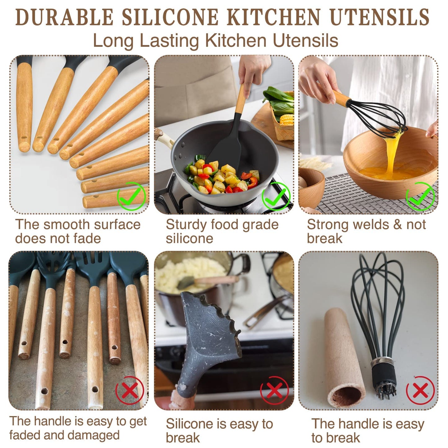 Umite Chef Kitchen Cooking Utensils Set, 33 pcs Non-Stick Silicone Cooking Kitchen Spatula Set with Holder, Wooden Handle Silicone Kitchen Gadgets Utensil Set (Black)