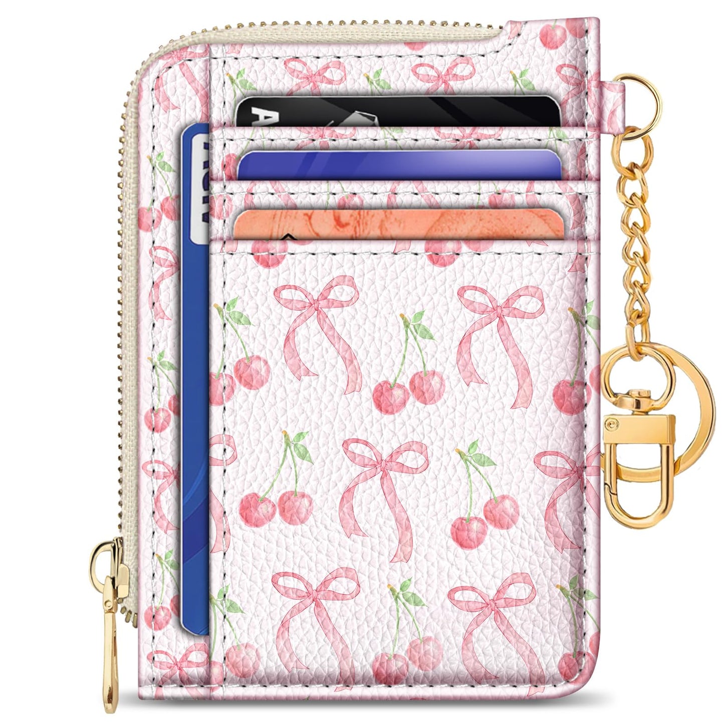 GIANCOMICS Slim Wallet Credit Card Holder Women, Cute Bow Rfid Small Card Case, Keychain Thin Pocket Curved Zipper Wallet, Travel Card Holder PU Leather ID Window, Girly Ladies Female Gifts