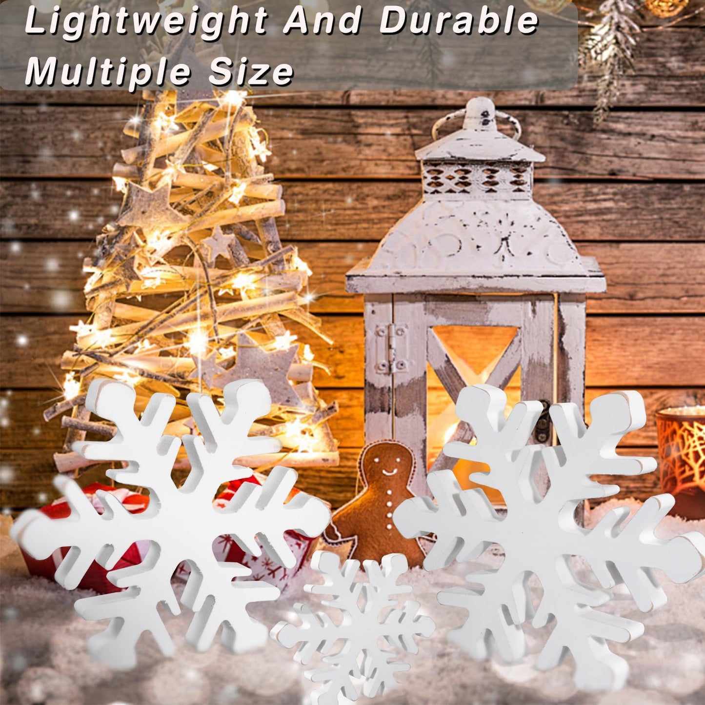 5Pcs Snowflake Christmas Table Decorations, White Distressed Wooden Snowflakes Tabletop Christmas Centerpieces Winter Farmhouse Tiered Tray Decor for Xmas Holiday Party Supplies Home Mantel Decor