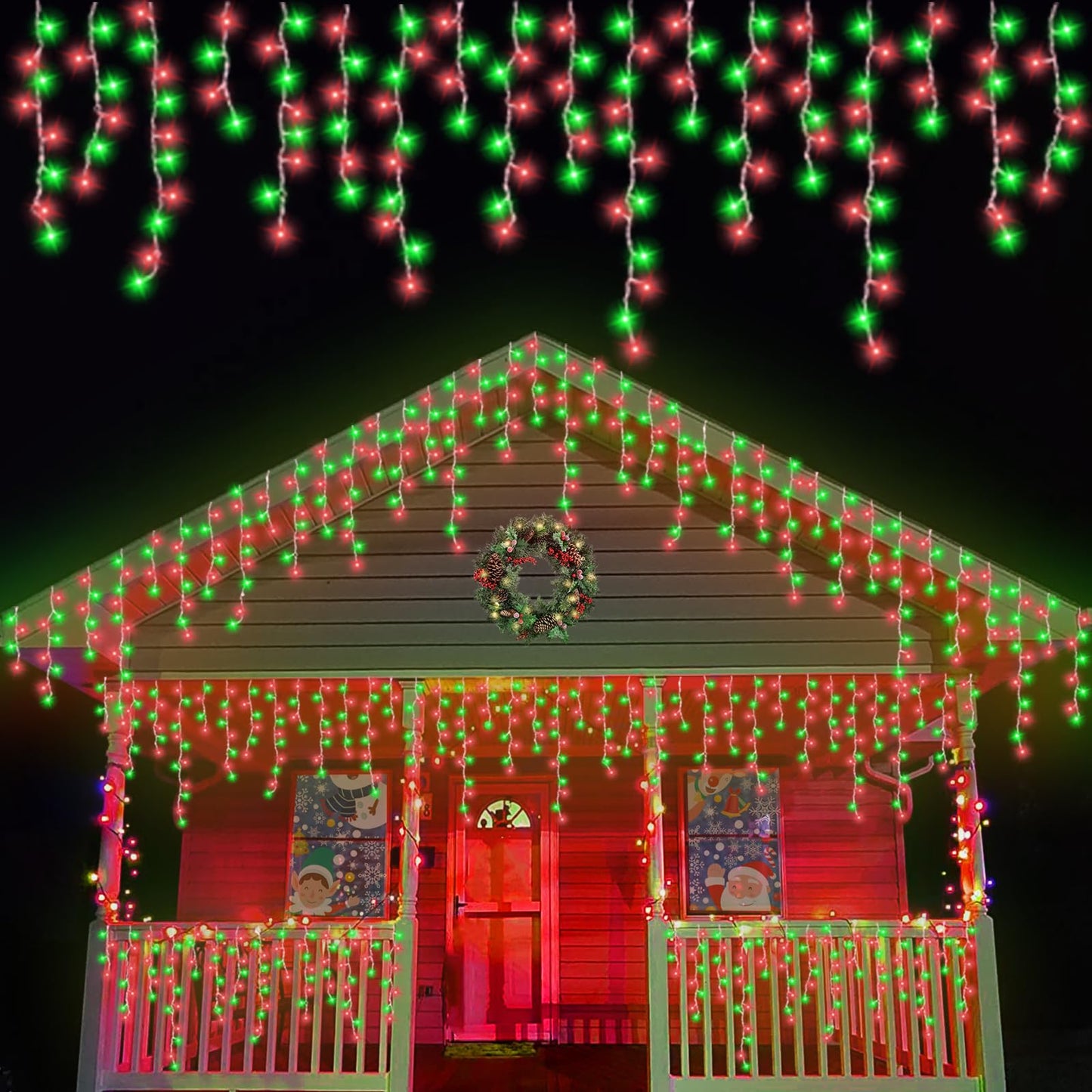 QITONG Red and Green Icicle Lights for Outside, 33ft 400 LED String Lights Indoor with 8 Modes, Clear Wire Connectable Icicle Christmas Lights Plug in