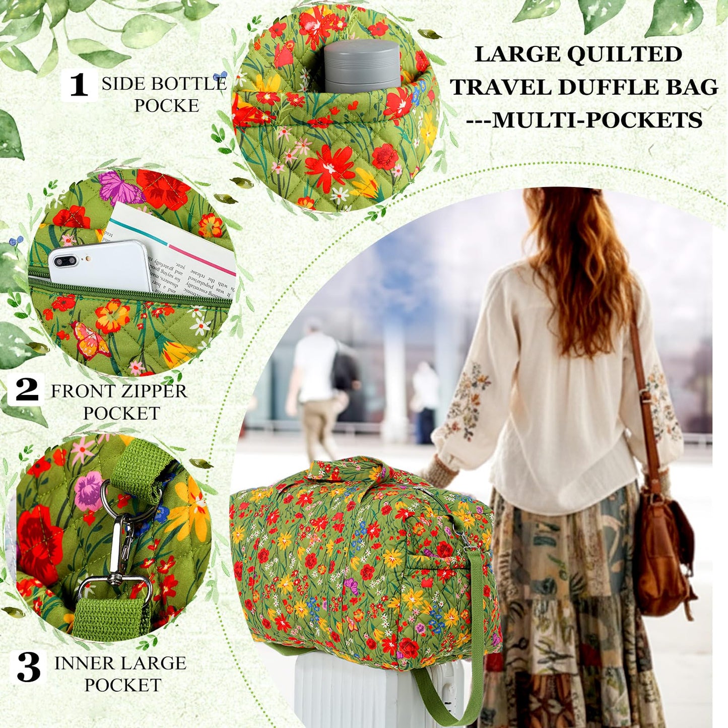 Dansydaisy Large Quilted Travel Duffle Bag for Women Floral Portable Gym Weekender Bag with Zipper Pockets Workout Grocery Pouch Duffle Gift Pouch for Work(Yellow Green Grassland)