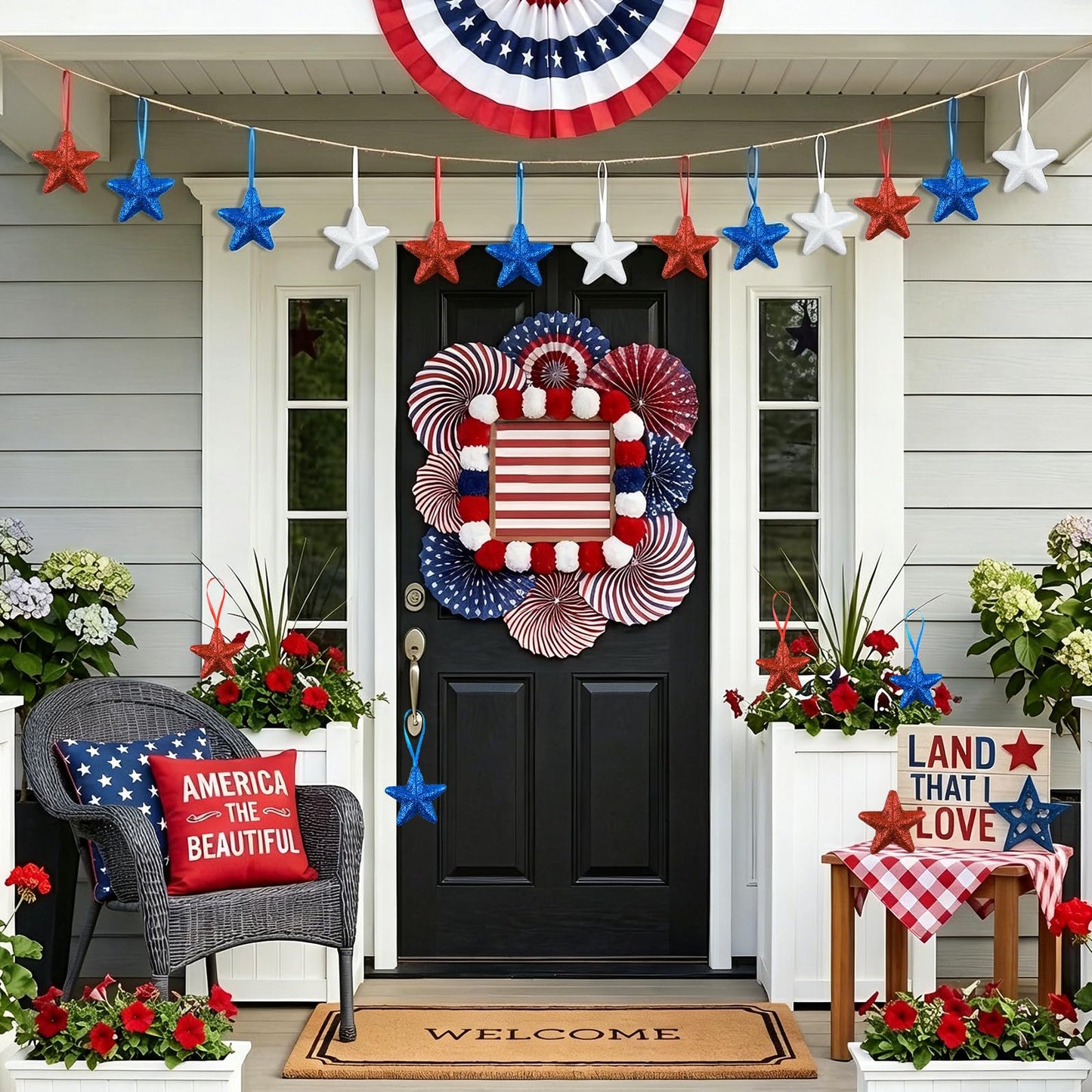 Patriotic Star Tree Ornaments 4th of July Star Hanging Decorations 24 Pcs Red Blue White Stars Tree Ornament Memorial Day Independence Day Hanging Stars for Patrictic Veteran Day Home Decor