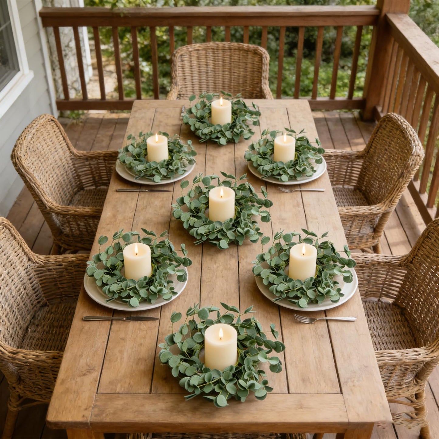 4 Pcs Small Spring Summer Candle Ring Wreaths with Artificial Eucalyptus Greenery Mini Pillar Candle Holder Wreath for Home Table Centerpieces Kitchen Wedding Farmhouse Party Decor
