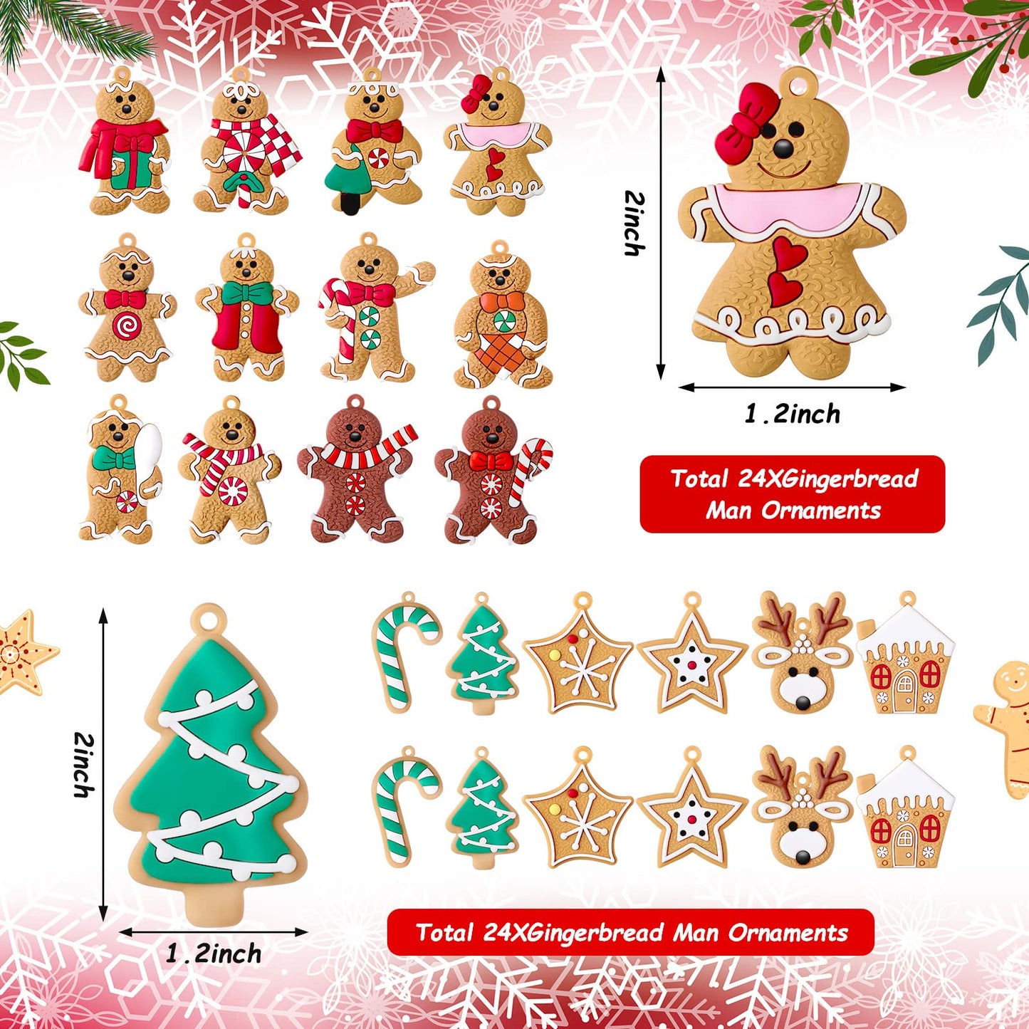 24 Pieces Gingerbread Man Christmas Ornaments Christmas Tree Hanging Ornaments Candy Canes Christmas Ornament Set Gingerbread Man Decor for Xmas Tree Decor Holiday Party