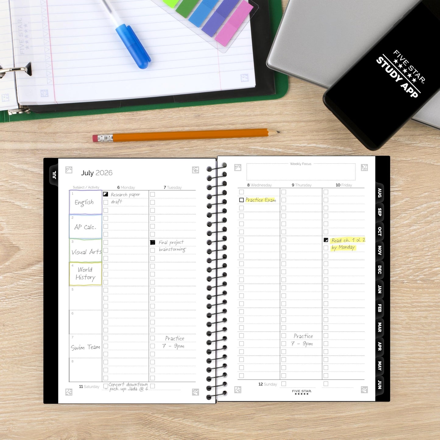 Five Star Planner 2026-2027 Weekly & Monthly Academic 12-Month July-June Advance Student Planner + Study App, 5-1/2" x 8-1/2", Black (CAW45905)