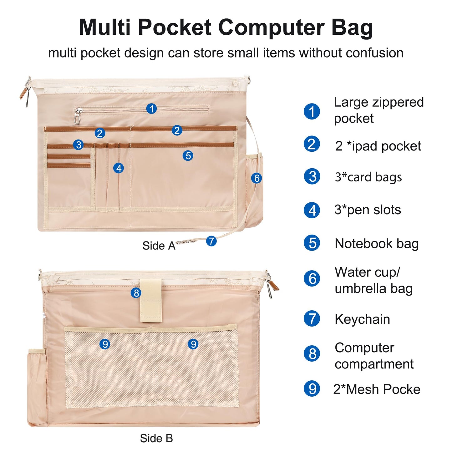 Laptop Bag for Women 17 Inch, Leather Laptop Tote Bag Waterproof Computer Bag Office Work Bag Business Briefcase with Compartment&Shoulder Straps (A3-Beige/Brown Flower, 17.3 inch)