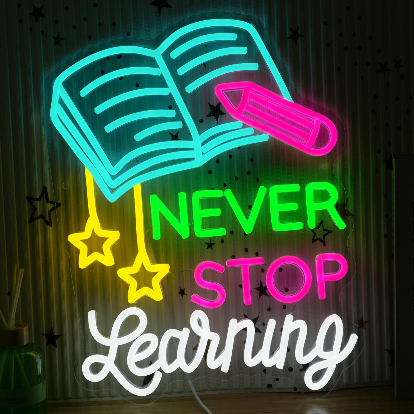 AEHEMNGZ Read Books Neon Sign Led Never Stop Learning Light Up Sign for Wall Decor Dimmable Positive Reading Book Neon Classroom Sign for Learning Room Bookstore Study Room Library