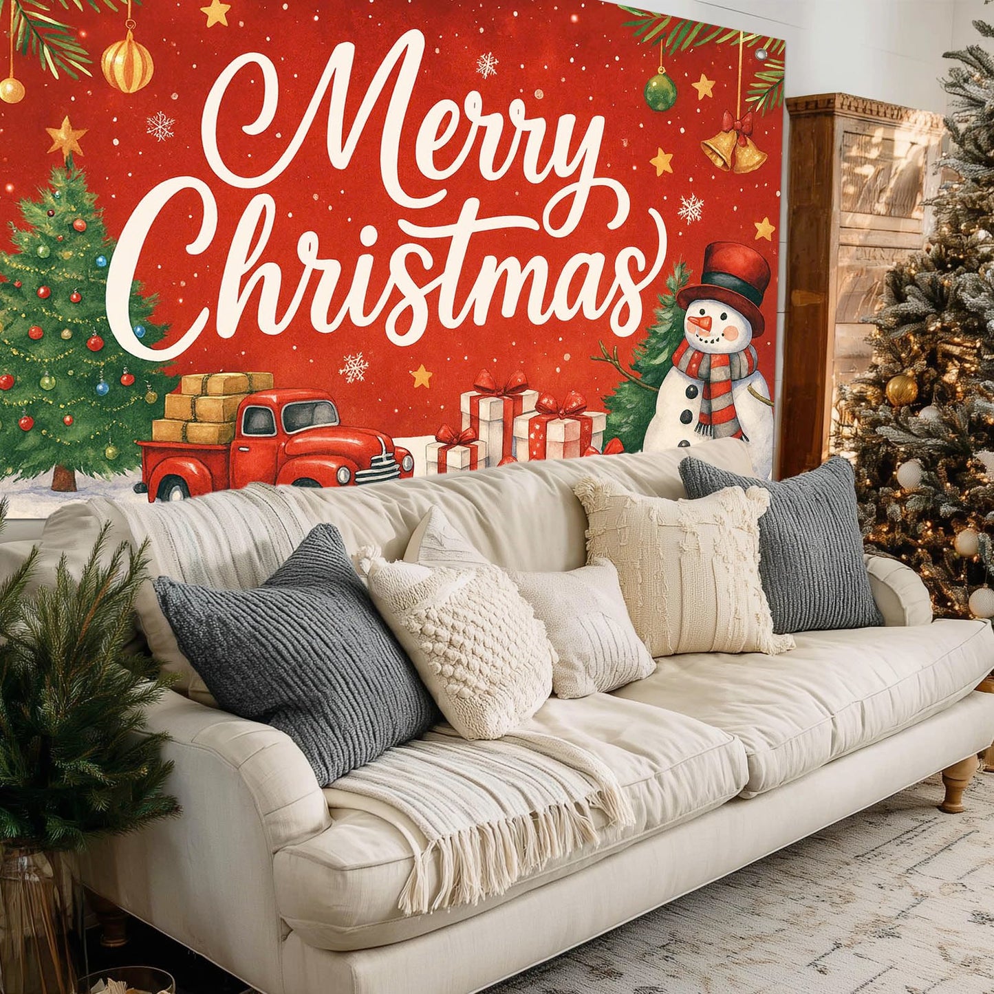 HOMETITUTE Red Truck Christmas Backdrop 8×6ft Snowman Gift Tree Holiday Party Banner for Family Photography Winter Decoration Background