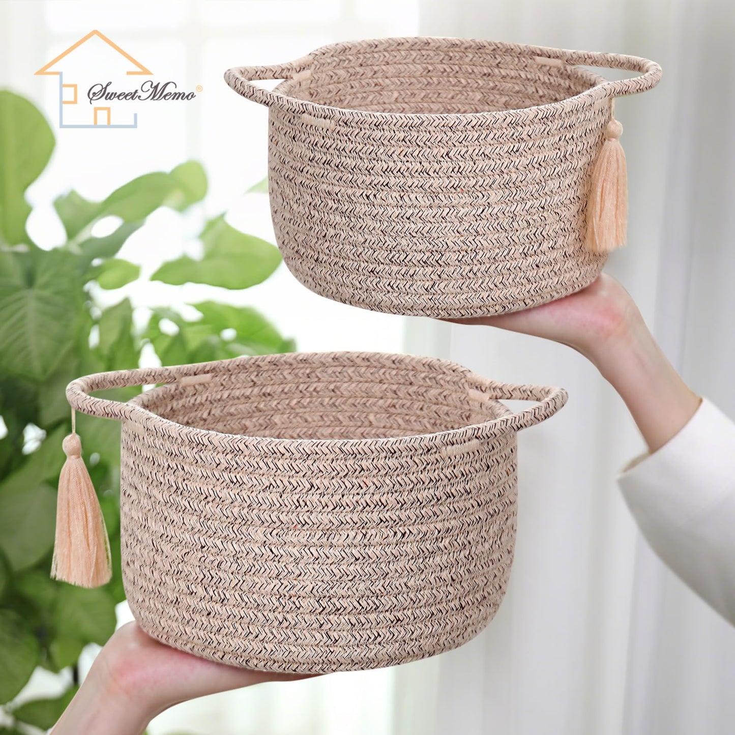 SweetMemo Small Gift Basket Empty Set of 2 - Little Cute Woven Rope Organizer Bins for Baby Shower Gifting, Makeup, Bathroom, Desk, Decorative Vanity - Pre-Shaped, Brown