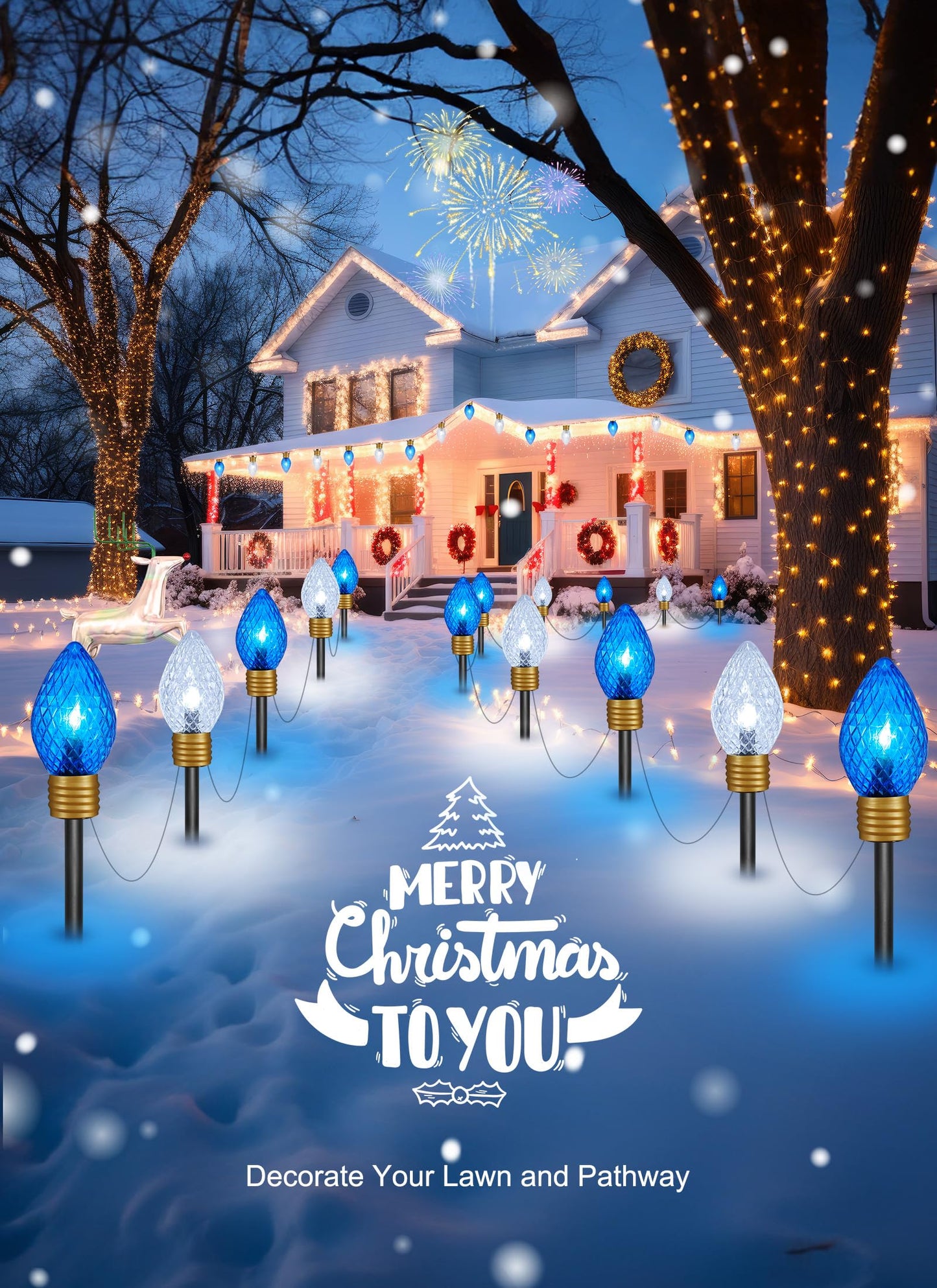 Brightown 2 Pack Jumbo Christmas Pathway Lights Outdoor - 10.5 Feet 5 LED C9 Walkway Light, Covered Jumbo Strawberry Bulb Decorations for Lawn Outside, Blue ＆ White