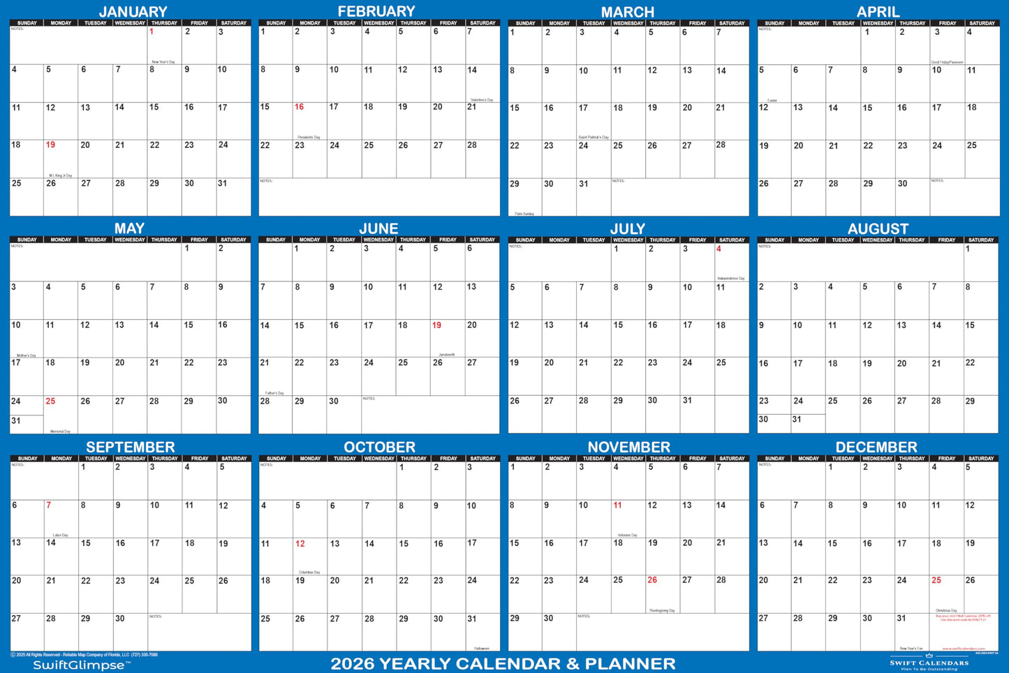 32" x 48" SwiftGlimpse 2026 Wall Calendar Erasable Large XL Wet & Dry Erase Laminated 12 Month Annual Yearly Wall Planner, Reversible, Navy