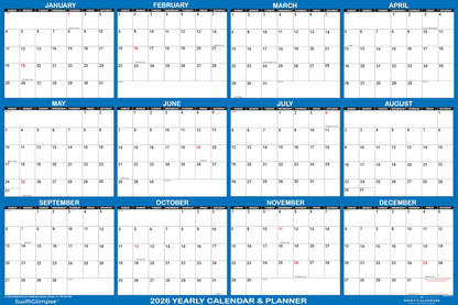 32" x 48" SwiftGlimpse 2026 Wall Calendar Erasable Large XL Wet & Dry Erase Laminated 12 Month Annual Yearly Wall Planner, Reversible, Navy