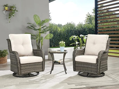 Rilyson Wicker Rocking Chair Swivel Chairs - 3 Piece Rocker Patio Furniture Set Rattan Rocking Bistro Sets with Glass Top Side Table for Outdoor Porch Deck Garden Backyard (Mixed Grey/Beige)